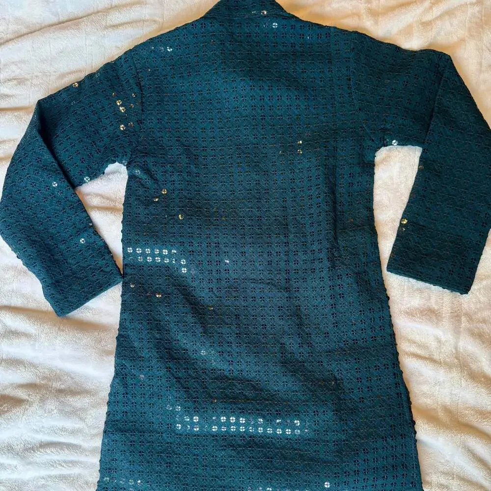 Buy Boys Dark Green Sequinned Chikankari Kurta Set Kurta Pajama for Boys, - Picture 7 of 8
